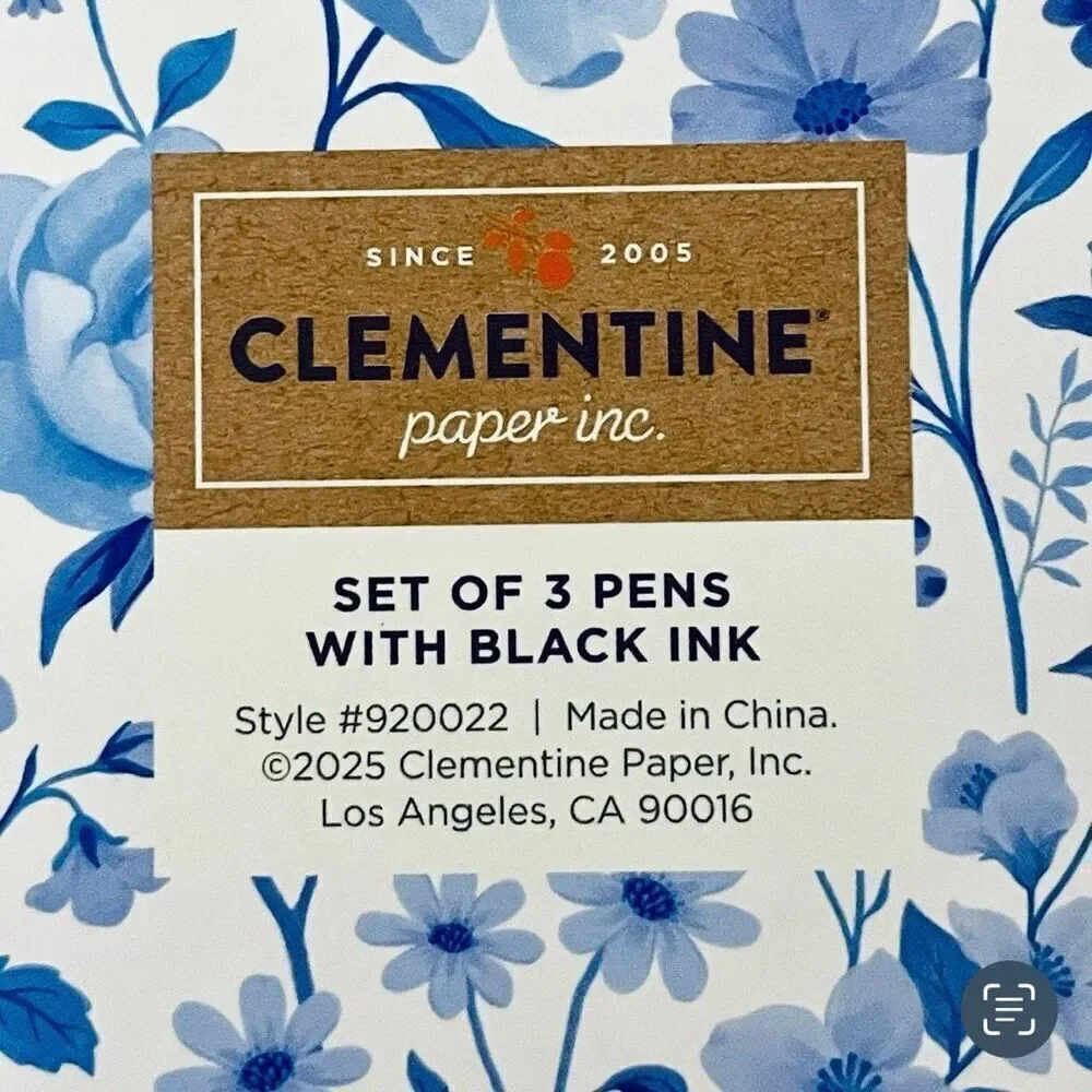 NWT Gorgeous Clementine set of 3 Floral Blue & Gold Pens with Black Ink Gift Set